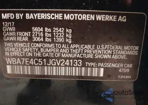 2018 BMW 740I xDrive from USA, damaged, VIN WBA7E4C51JGV24133